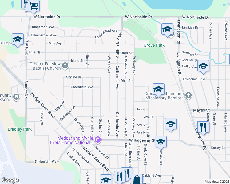 map of restaurants, bars, coffee shops, grocery stores, and more near 3937 California Avenue in Jackson
