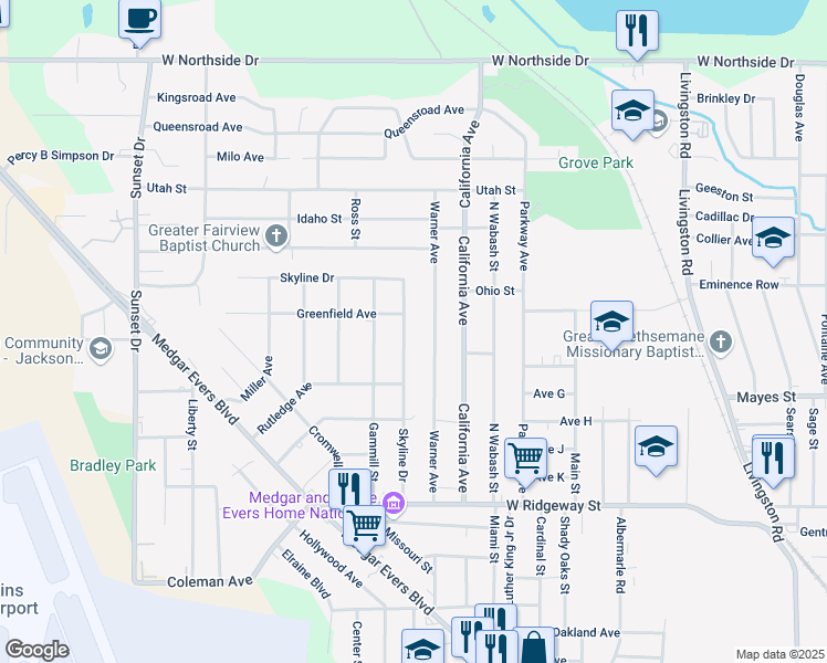 map of restaurants, bars, coffee shops, grocery stores, and more near 3939 Warner Avenue in Jackson