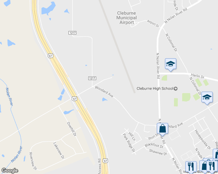 map of restaurants, bars, coffee shops, grocery stores, and more near 2116 Woodard Avenue in Cleburne