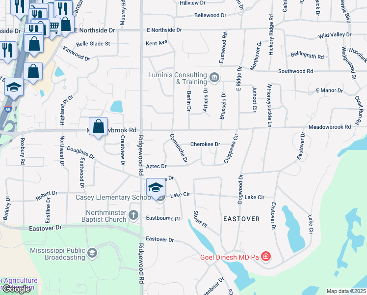 map of restaurants, bars, coffee shops, grocery stores, and more near 4140 Comanche Drive in Jackson