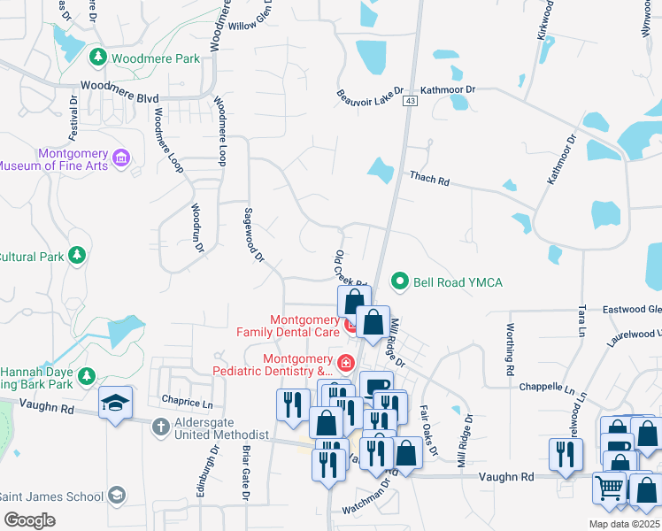 map of restaurants, bars, coffee shops, grocery stores, and more near 2412 Old Creek Road in Montgomery