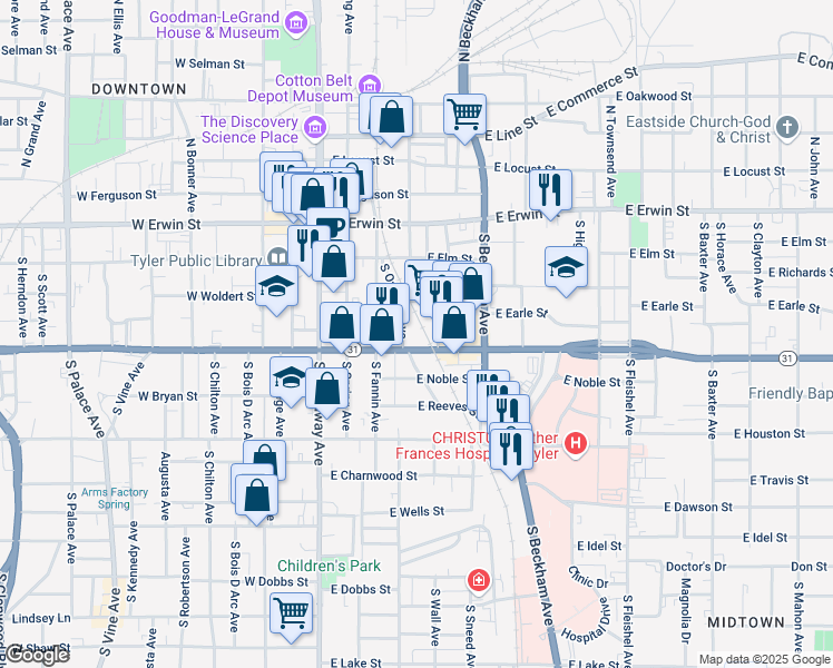map of restaurants, bars, coffee shops, grocery stores, and more near 430 East Front Street in Tyler