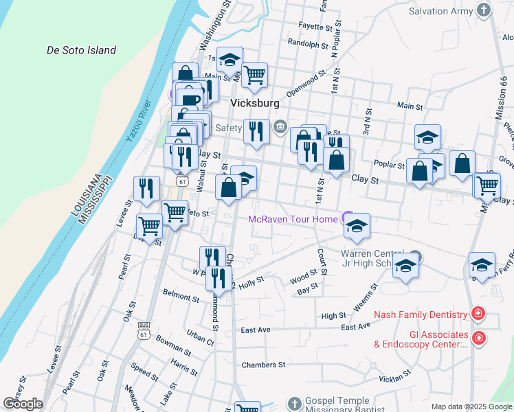 map of restaurants, bars, coffee shops, grocery stores, and more near 1100 South Street in Vicksburg