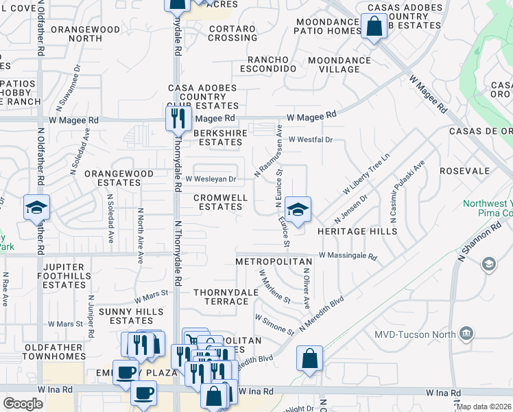 map of restaurants, bars, coffee shops, grocery stores, and more near in Tucson