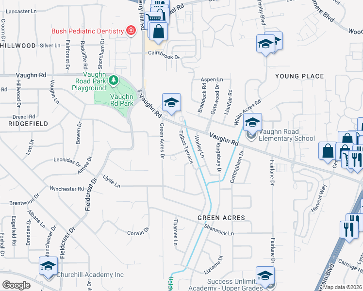 map of restaurants, bars, coffee shops, grocery stores, and more near 1941 Green Acres Court in Montgomery