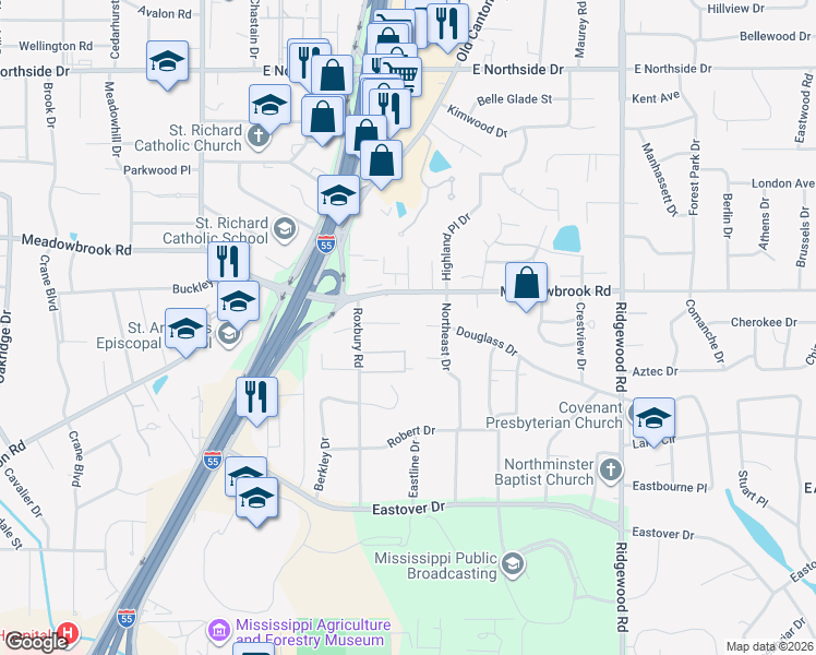 map of restaurants, bars, coffee shops, grocery stores, and more near 1440 Douglass Drive in Jackson