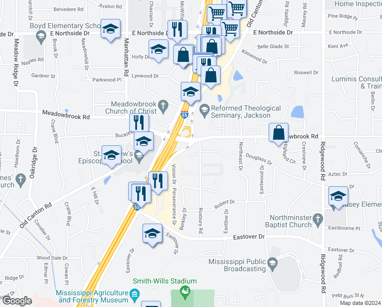 map of restaurants, bars, coffee shops, grocery stores, and more near 1478 Roxbury Court in Jackson