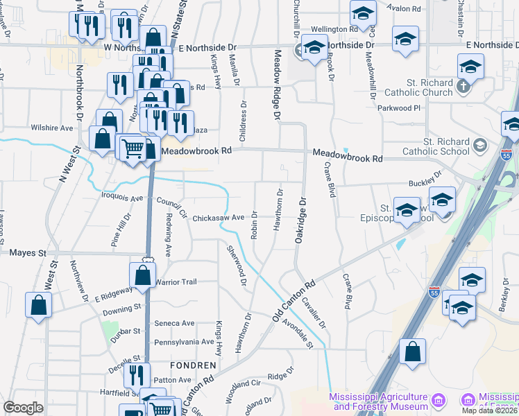 map of restaurants, bars, coffee shops, grocery stores, and more near 4125 Robin Drive in Jackson