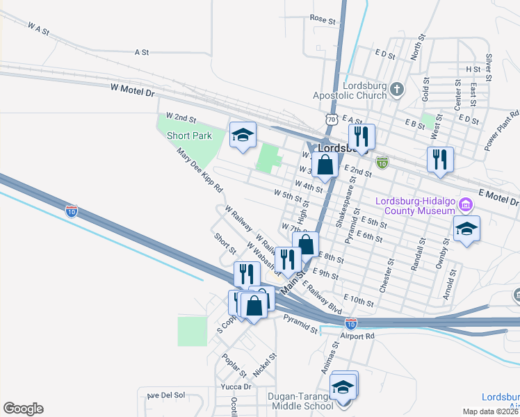 map of restaurants, bars, coffee shops, grocery stores, and more near 300-498 W 6th St in Lordsburg