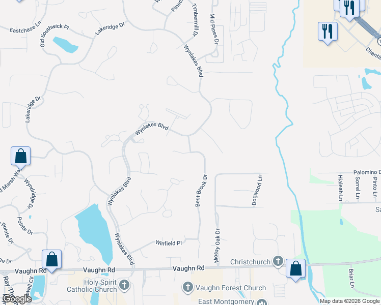 map of restaurants, bars, coffee shops, grocery stores, and more near 9525 Bent Brook Rd in Montgomery