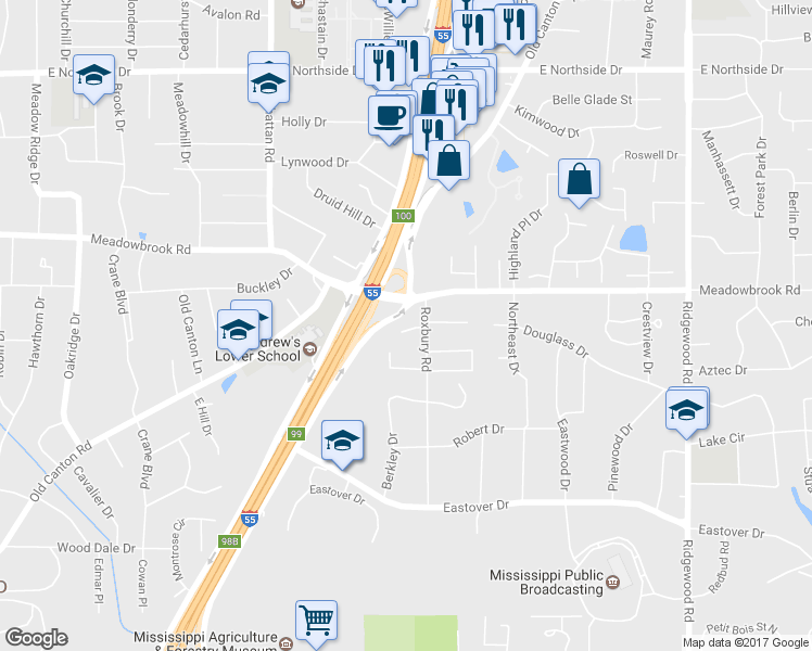 map of restaurants, bars, coffee shops, grocery stores, and more near 1472 Roxbury Court in Jackson