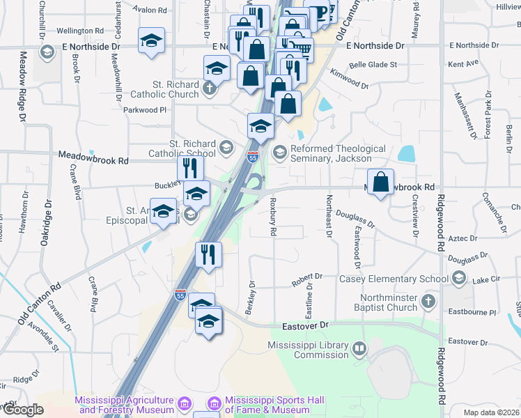 map of restaurants, bars, coffee shops, grocery stores, and more near 1478 Roxbury Court in Jackson