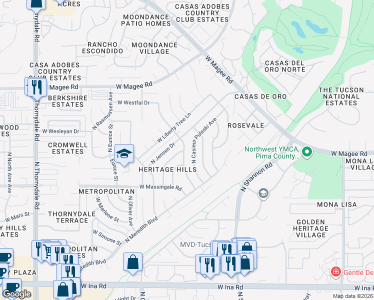 map of restaurants, bars, coffee shops, grocery stores, and more near 7741 North Hopdown Avenue in Tucson