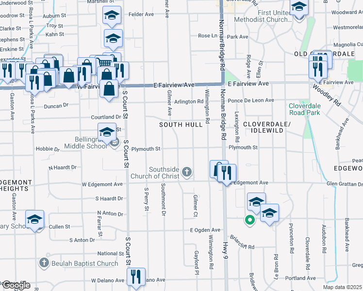 map of restaurants, bars, coffee shops, grocery stores, and more near 3291 Gilmer Avenue in Montgomery