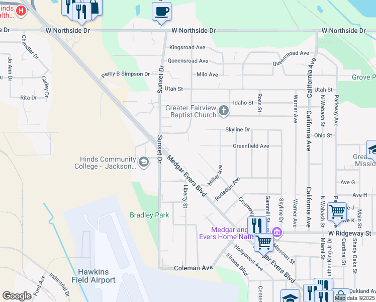 map of restaurants, bars, coffee shops, grocery stores, and more near 2704 Skyline Drive in Jackson