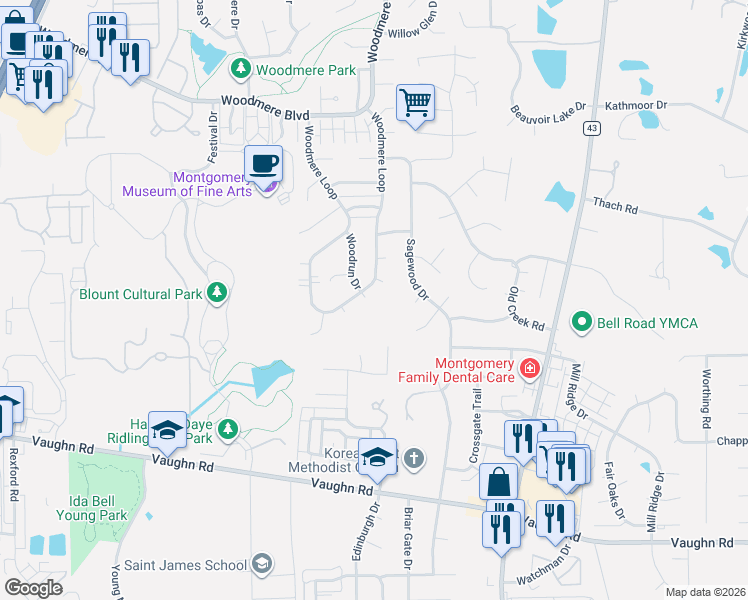 map of restaurants, bars, coffee shops, grocery stores, and more near 6101 Ashwood Court in Montgomery