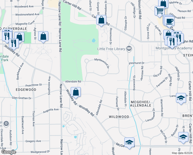 map of restaurants, bars, coffee shops, grocery stores, and more near 2016 Myrtlewood Drive in Montgomery