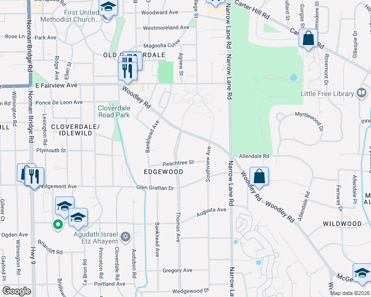 map of restaurants, bars, coffee shops, grocery stores, and more near 3147 Thomas Avenue in Montgomery
