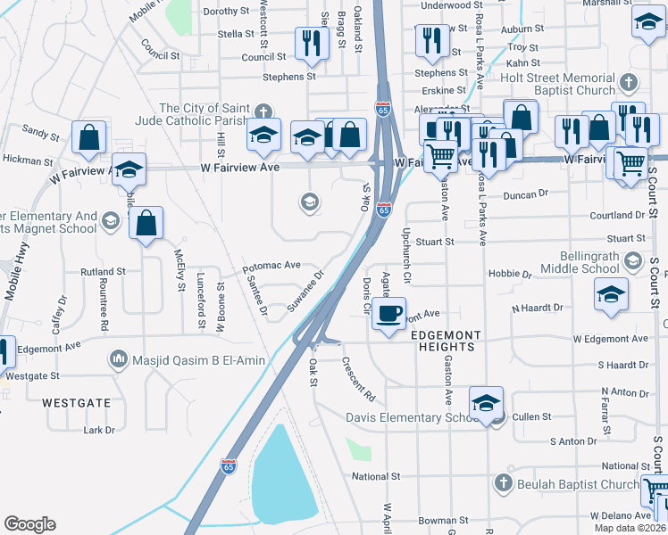 map of restaurants, bars, coffee shops, grocery stores, and more near 3203 Suwanee Drive in Montgomery