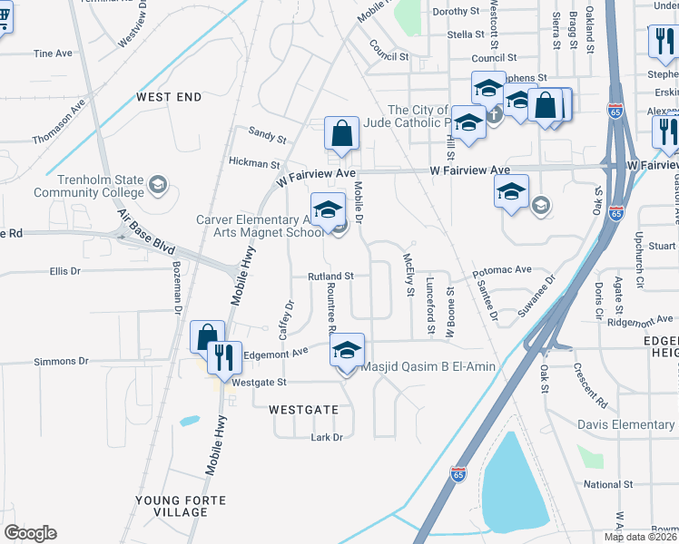 map of restaurants, bars, coffee shops, grocery stores, and more near 2642 Rutland Street in Montgomery