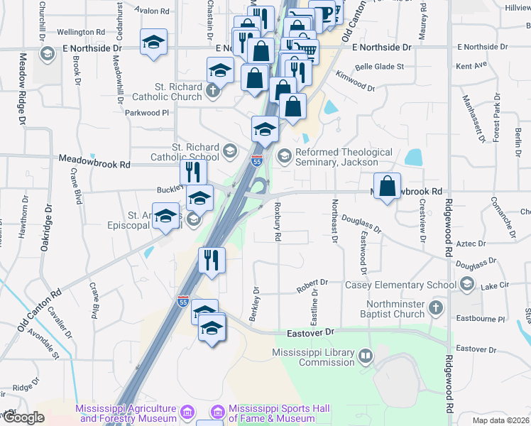 map of restaurants, bars, coffee shops, grocery stores, and more near 1478 Roxbury Court in Jackson