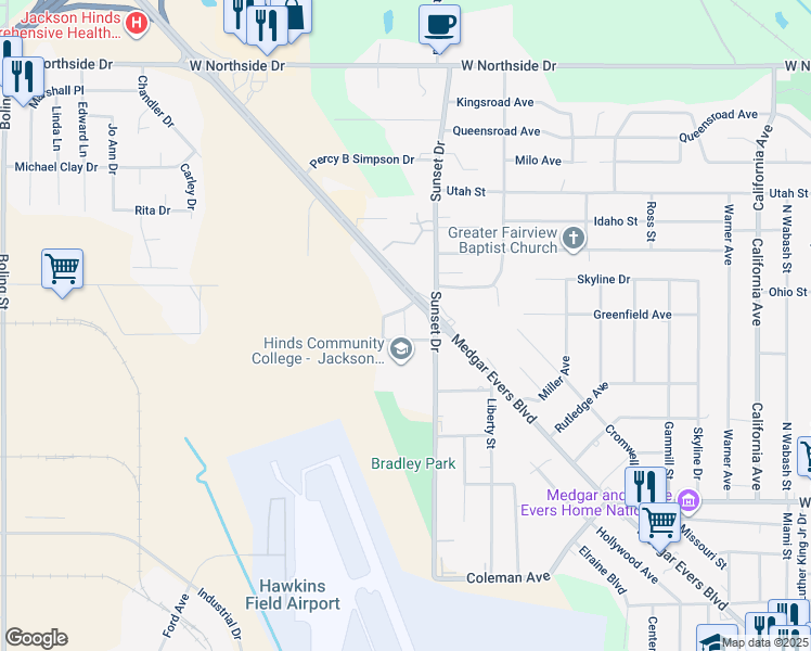 map of restaurants, bars, coffee shops, grocery stores, and more near 4433 Medgar Evers Boulevard in Jackson
