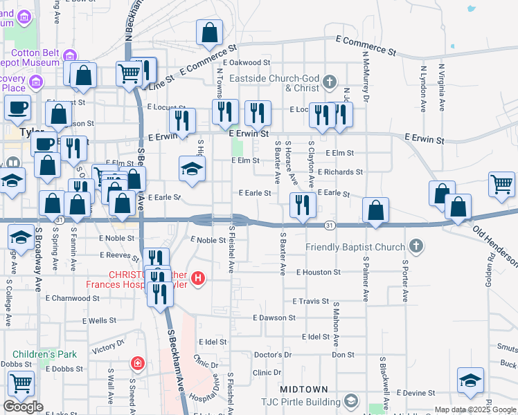 map of restaurants, bars, coffee shops, grocery stores, and more near 1123 East Earle Street in Tyler