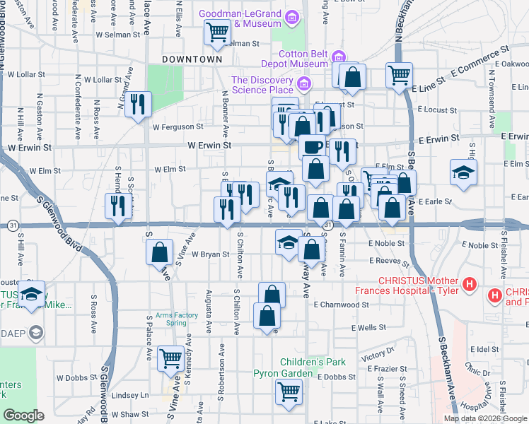 map of restaurants, bars, coffee shops, grocery stores, and more near 331 South College Avenue in Tyler