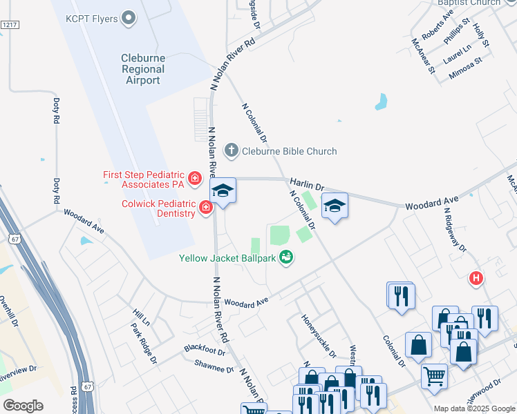 map of restaurants, bars, coffee shops, grocery stores, and more near 1501 Harlin Drive in Cleburne