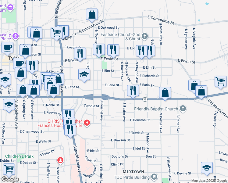 map of restaurants, bars, coffee shops, grocery stores, and more near 1123 East Earle Street in Tyler