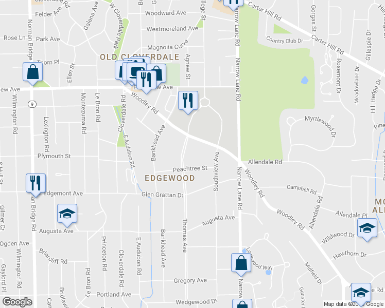 map of restaurants, bars, coffee shops, grocery stores, and more near 3147 Thomas Avenue in Montgomery
