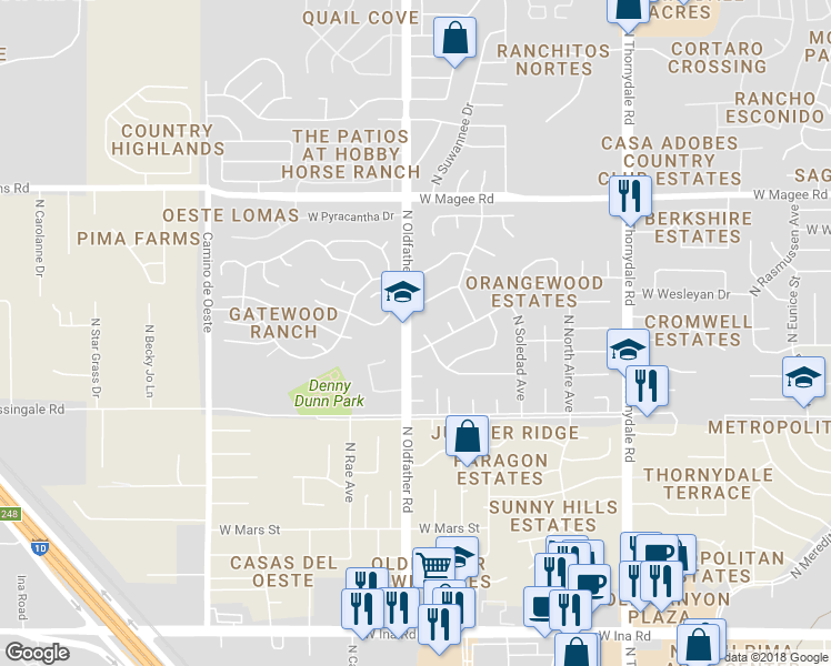 map of restaurants, bars, coffee shops, grocery stores, and more near 4142 West Orangewood Drive in Tucson