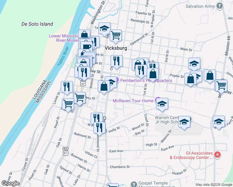 map of restaurants, bars, coffee shops, grocery stores, and more near 1100 South Street in Vicksburg
