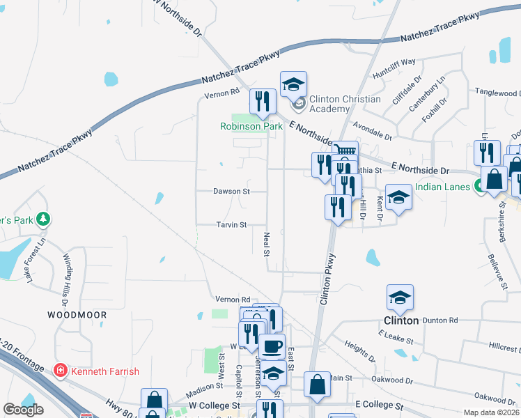 map of restaurants, bars, coffee shops, grocery stores, and more near 905 Neal Street in Clinton