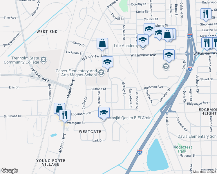 map of restaurants, bars, coffee shops, grocery stores, and more near 2642 Rutland Street in Montgomery