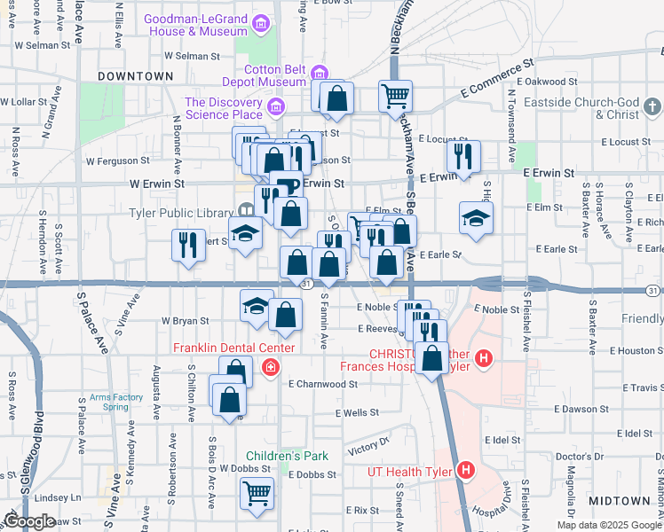 map of restaurants, bars, coffee shops, grocery stores, and more near 318 South Fannin Avenue in Tyler