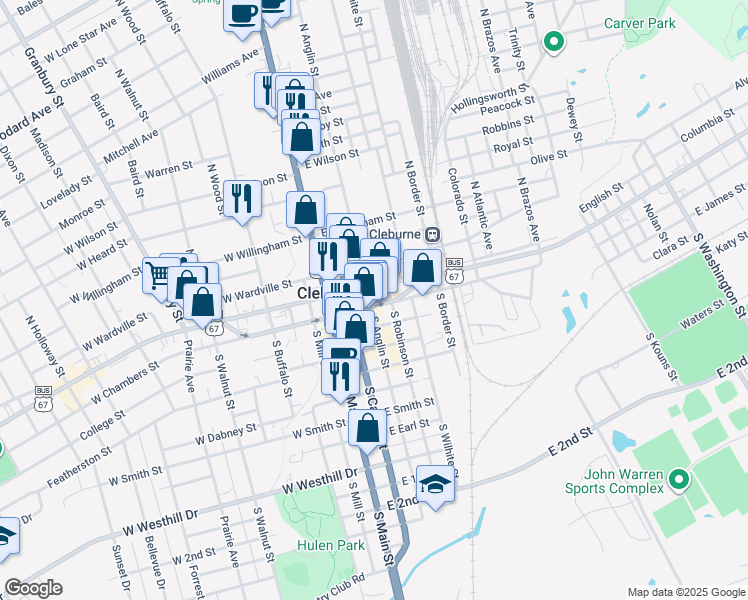map of restaurants, bars, coffee shops, grocery stores, and more near 207 East Chambers Street in Cleburne