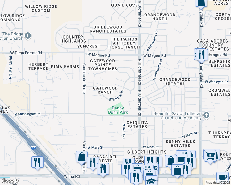 map of restaurants, bars, coffee shops, grocery stores, and more near 7764 North Barque Place in Tucson