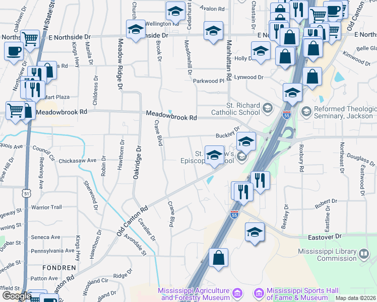 map of restaurants, bars, coffee shops, grocery stores, and more near 4027 Old Canton Lane in Jackson