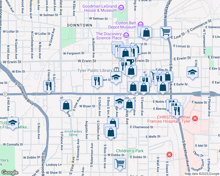 map of restaurants, bars, coffee shops, grocery stores, and more near 321 South Bois D Arc Avenue in Tyler