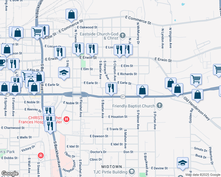map of restaurants, bars, coffee shops, grocery stores, and more near 1318 Bailey Drive in Tyler