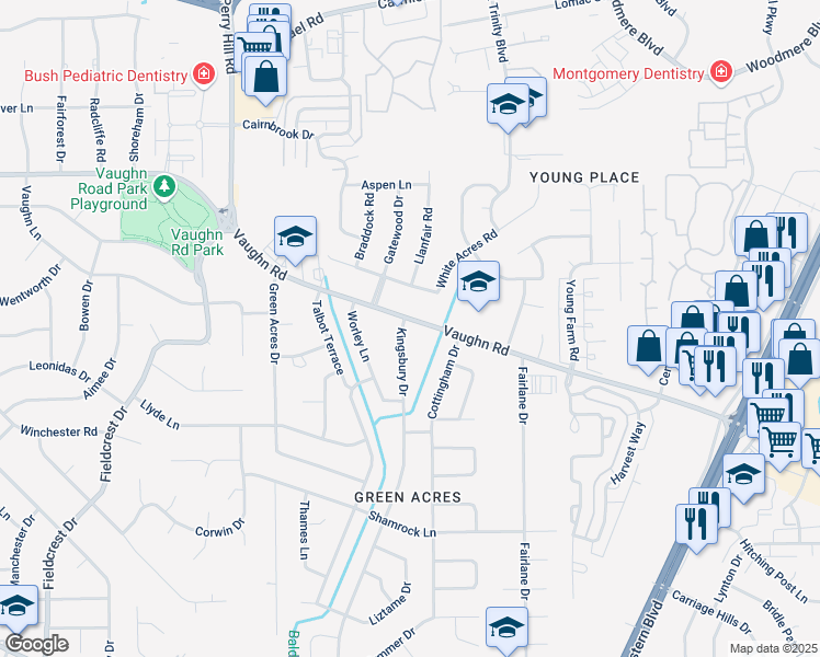map of restaurants, bars, coffee shops, grocery stores, and more near 1901 Kingsbury Drive in Montgomery