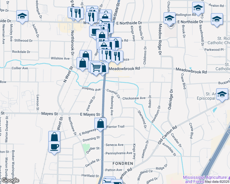 map of restaurants, bars, coffee shops, grocery stores, and more near 4346 Council Circle in Jackson