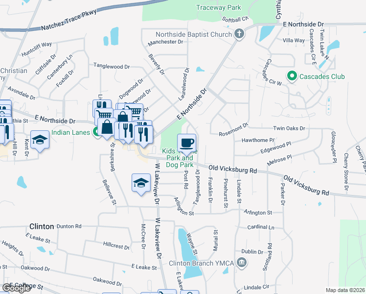 map of restaurants, bars, coffee shops, grocery stores, and more near 1407 Post Road in Clinton