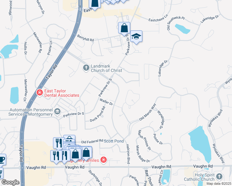 map of restaurants, bars, coffee shops, grocery stores, and more near 2054 Halcyon Boulevard in Montgomery