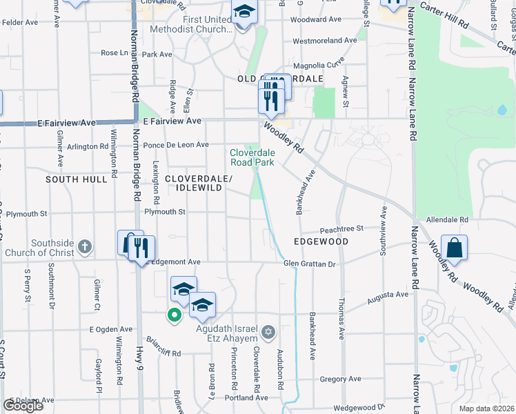 map of restaurants, bars, coffee shops, grocery stores, and more near 3211 Cloverdale Road in Montgomery
