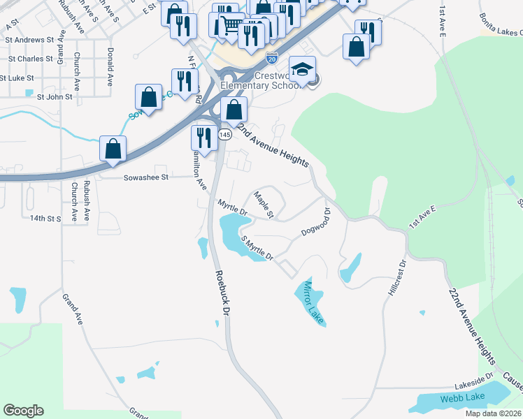 map of restaurants, bars, coffee shops, grocery stores, and more near 1610 Maple Street in Meridian