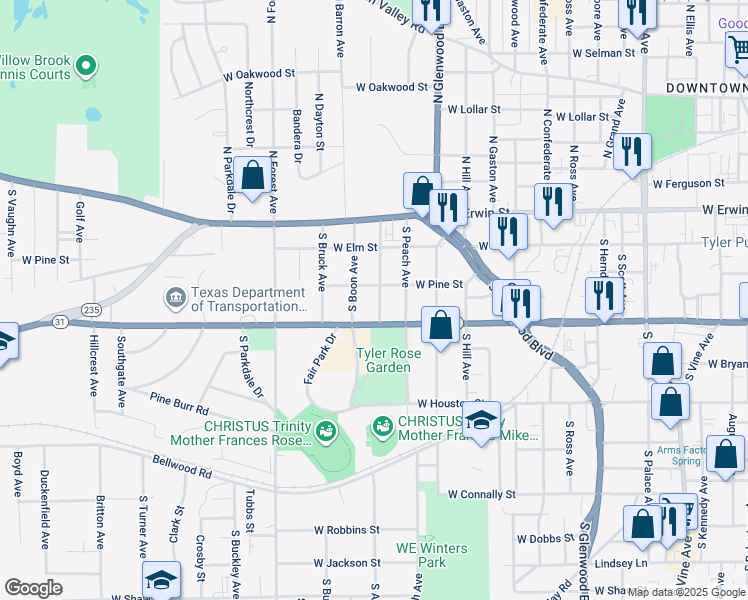 map of restaurants, bars, coffee shops, grocery stores, and more near 313 Fairmont Avenue in Tyler