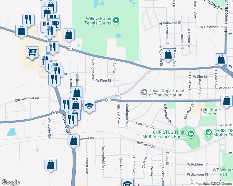 map of restaurants, bars, coffee shops, grocery stores, and more near 3013 Chandler Highway in Tyler