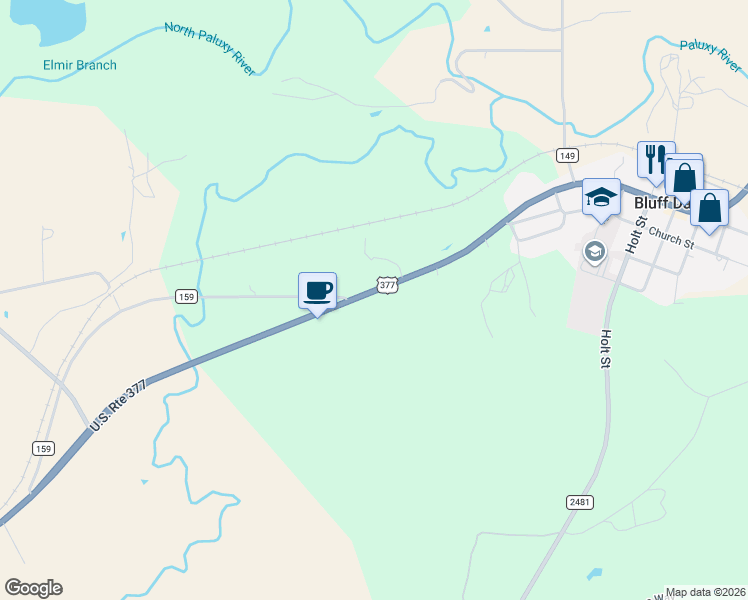 map of restaurants, bars, coffee shops, grocery stores, and more near 26883 U.S. 377 in Bluff Dale